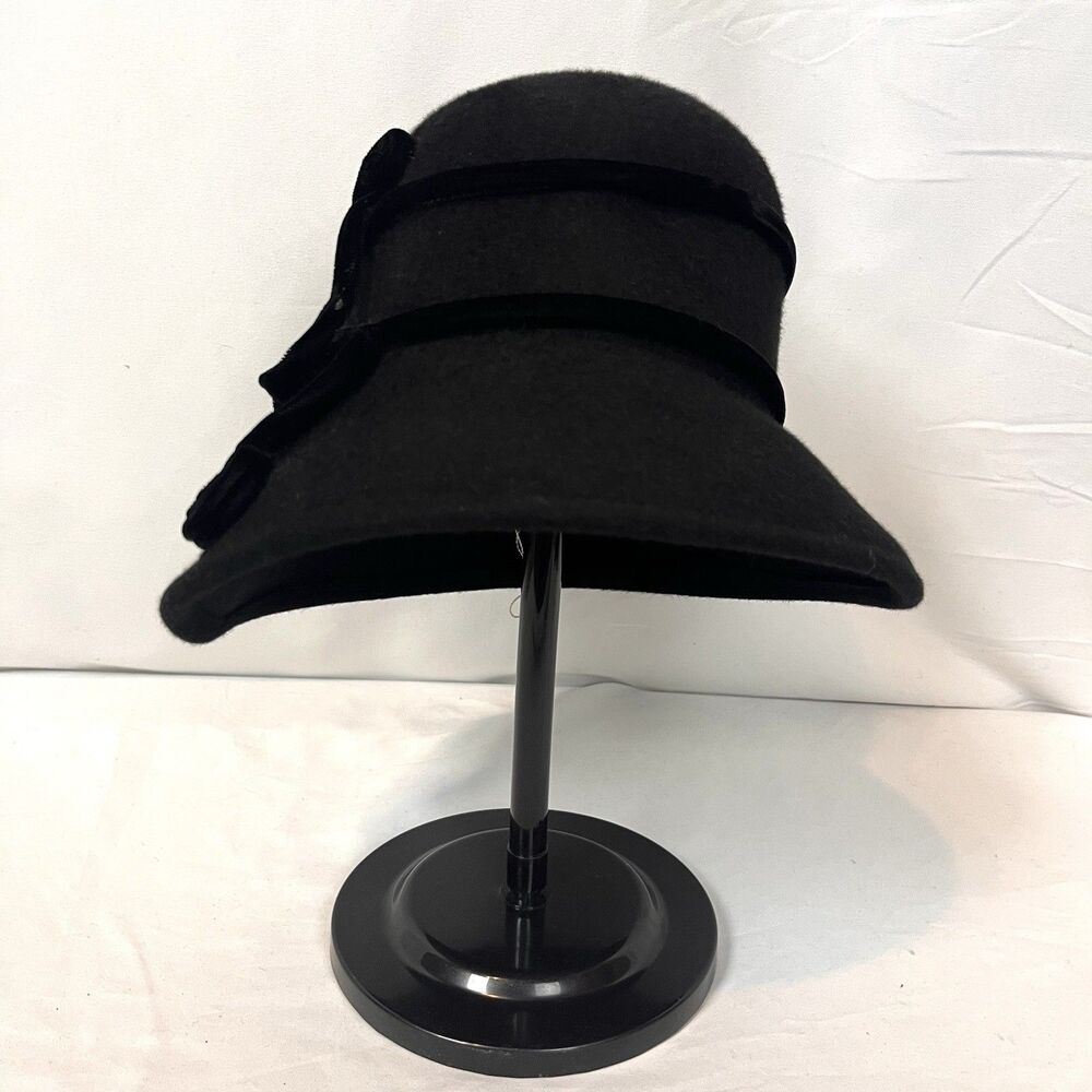Vintage Frank Olive Black Wool Cloche Hat Gabriel Amar Designer Womens